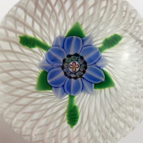Perthshire 1985A Miniature Blue Flower Spiral Latticinio Cushion Paperweight - Picture 6 of 14